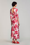 Red Floral Bateau Neck A Line Wedding Guest Dress