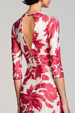 Red Floral Bateau Neck A Line Wedding Guest Dress