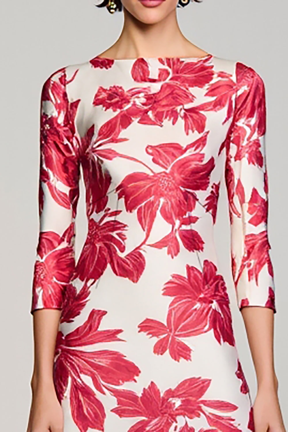 Red Floral Bateau Neck A Line Wedding Guest Dress
