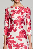 Red Floral Bateau Neck A Line Wedding Guest Dress