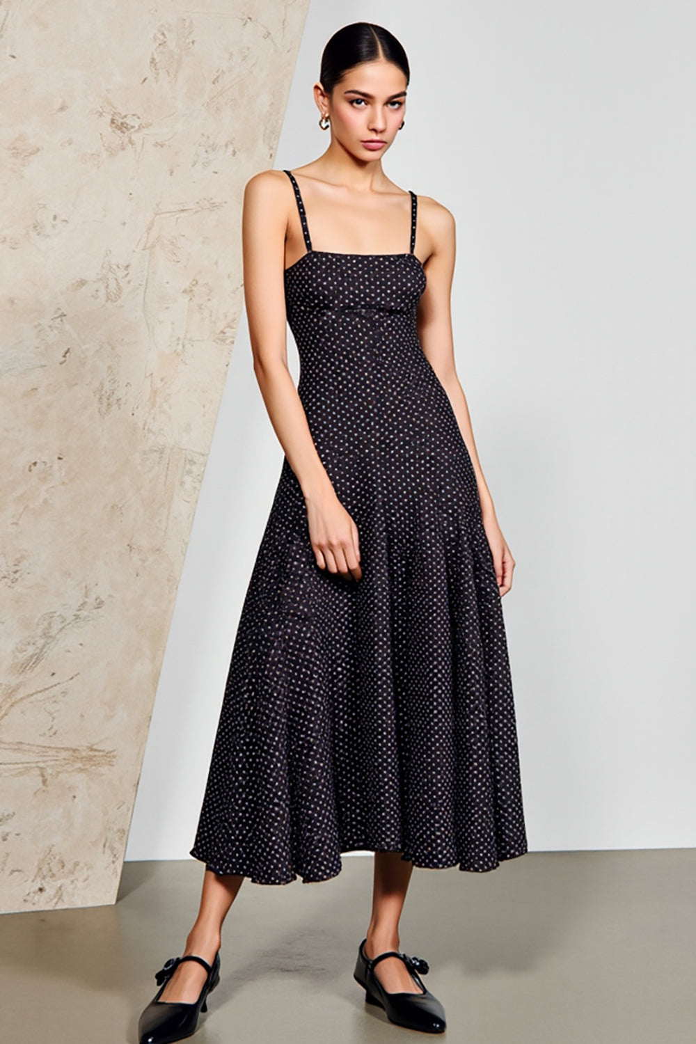 Black Polka Dots Spaghetti Straps A Line Wedding Guest Dress