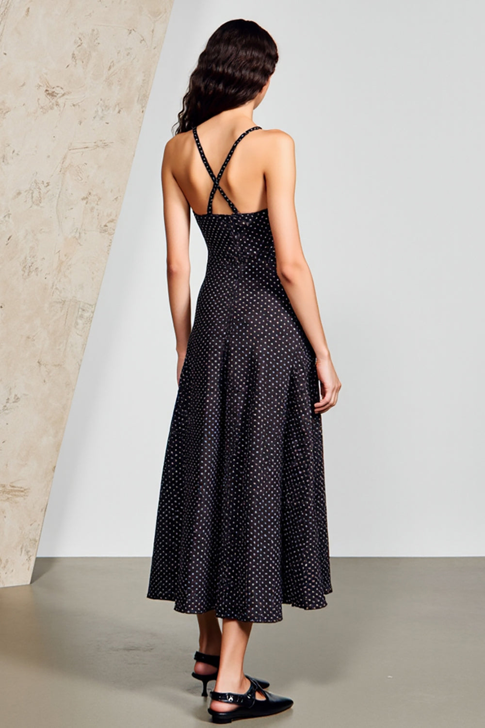 Black Polka Dots Spaghetti Straps A Line Wedding Guest Dress