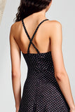 Black Polka Dots Spaghetti Straps A Line Wedding Guest Dress