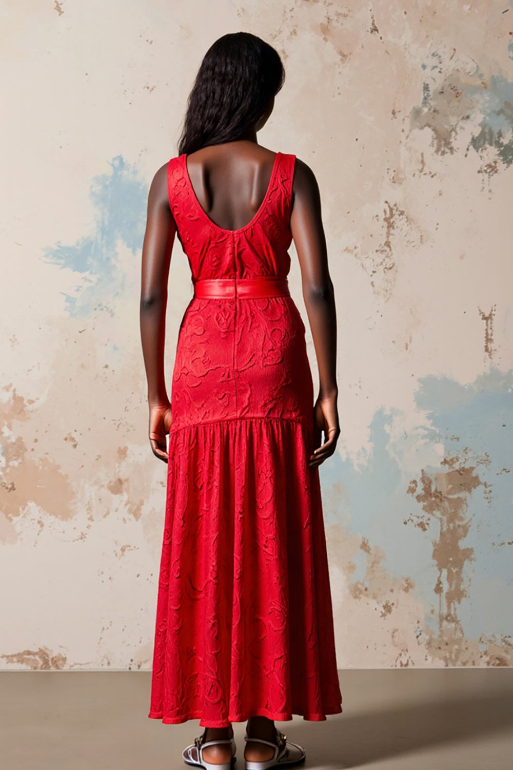 Red A Line V-Neck Wedding Guest Dress with Belt