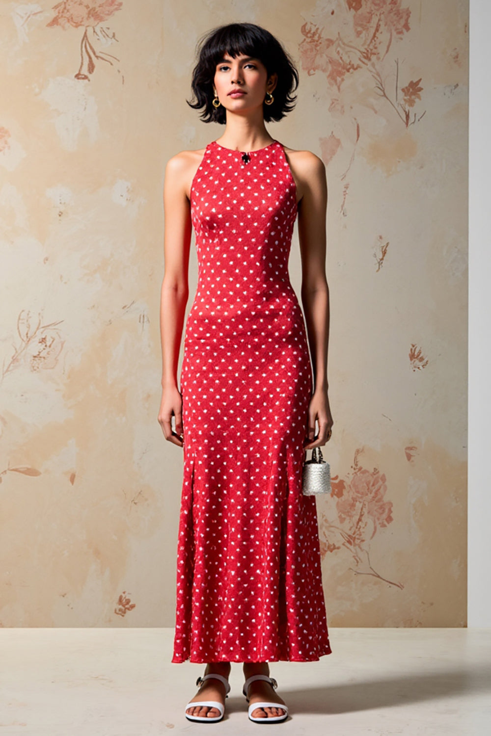 Red Sheath Wedding Guest Dress with White Polka Dots