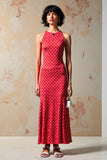 Red Sheath Wedding Guest Dress with White Polka Dots