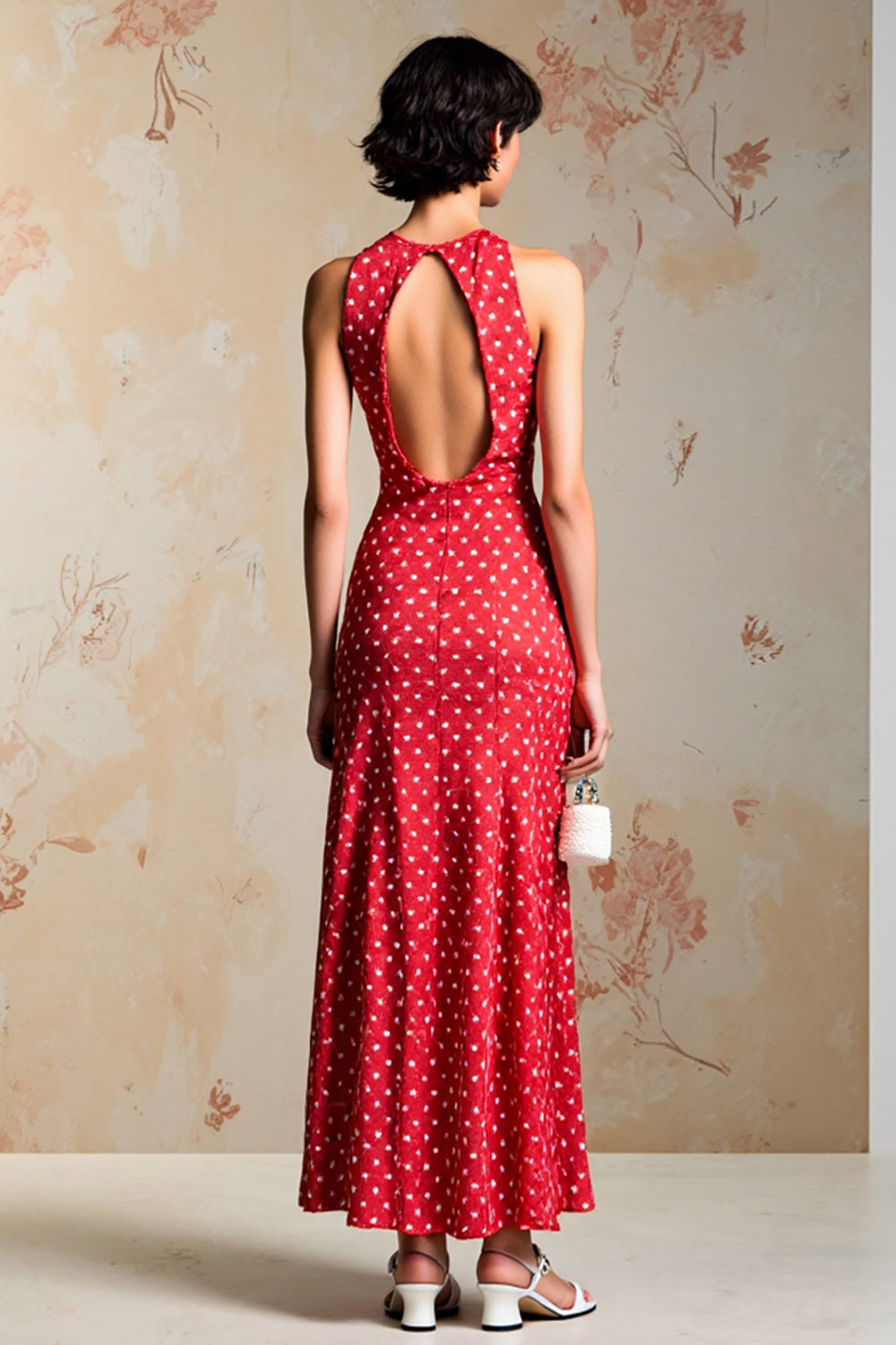 Red Sheath Wedding Guest Dress with White Polka Dots