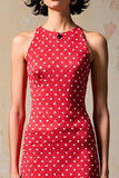 Red Sheath Wedding Guest Dress with White Polka Dots