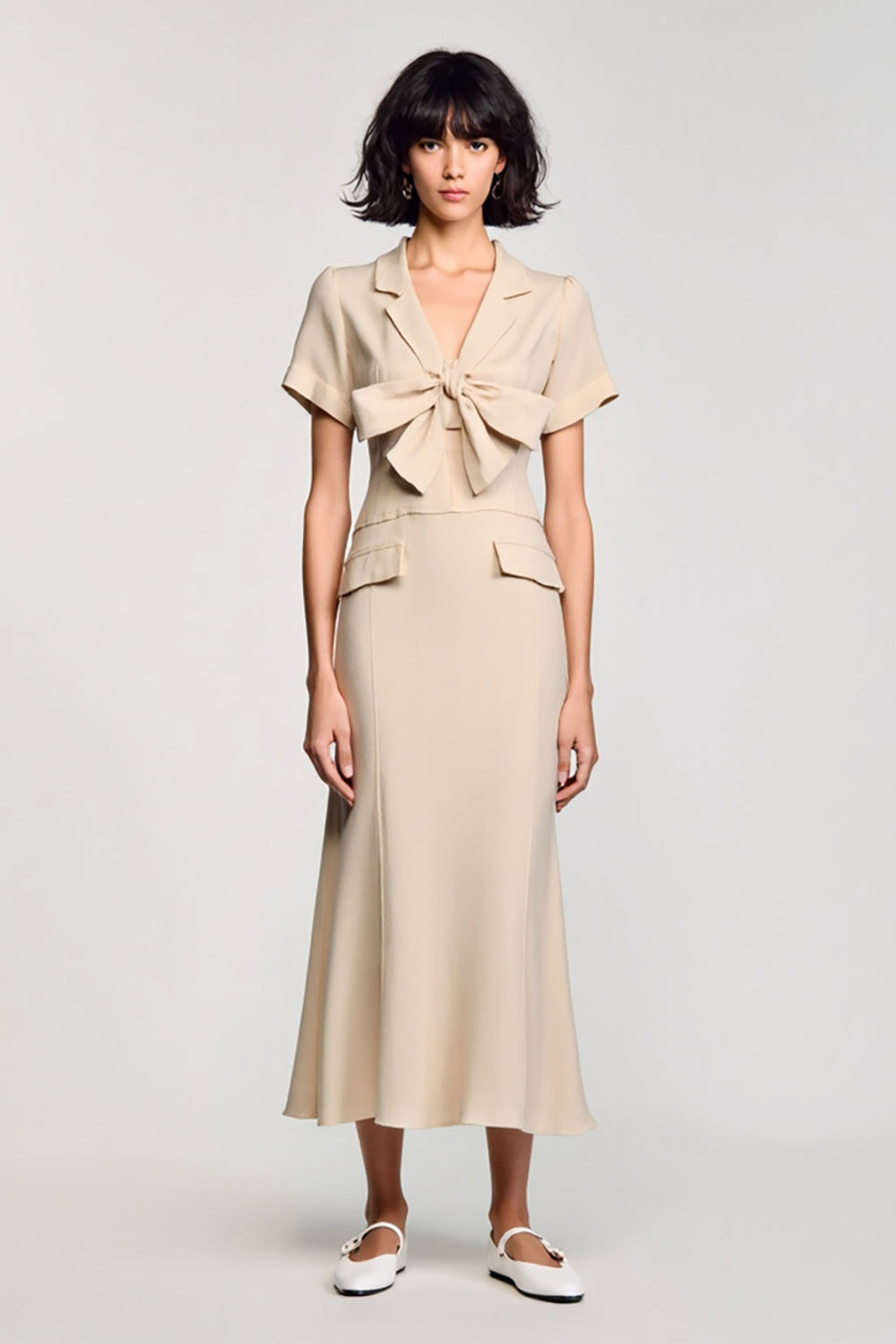 Apricot Notched Lapel Sheath Wedding Guest Dress with Bow