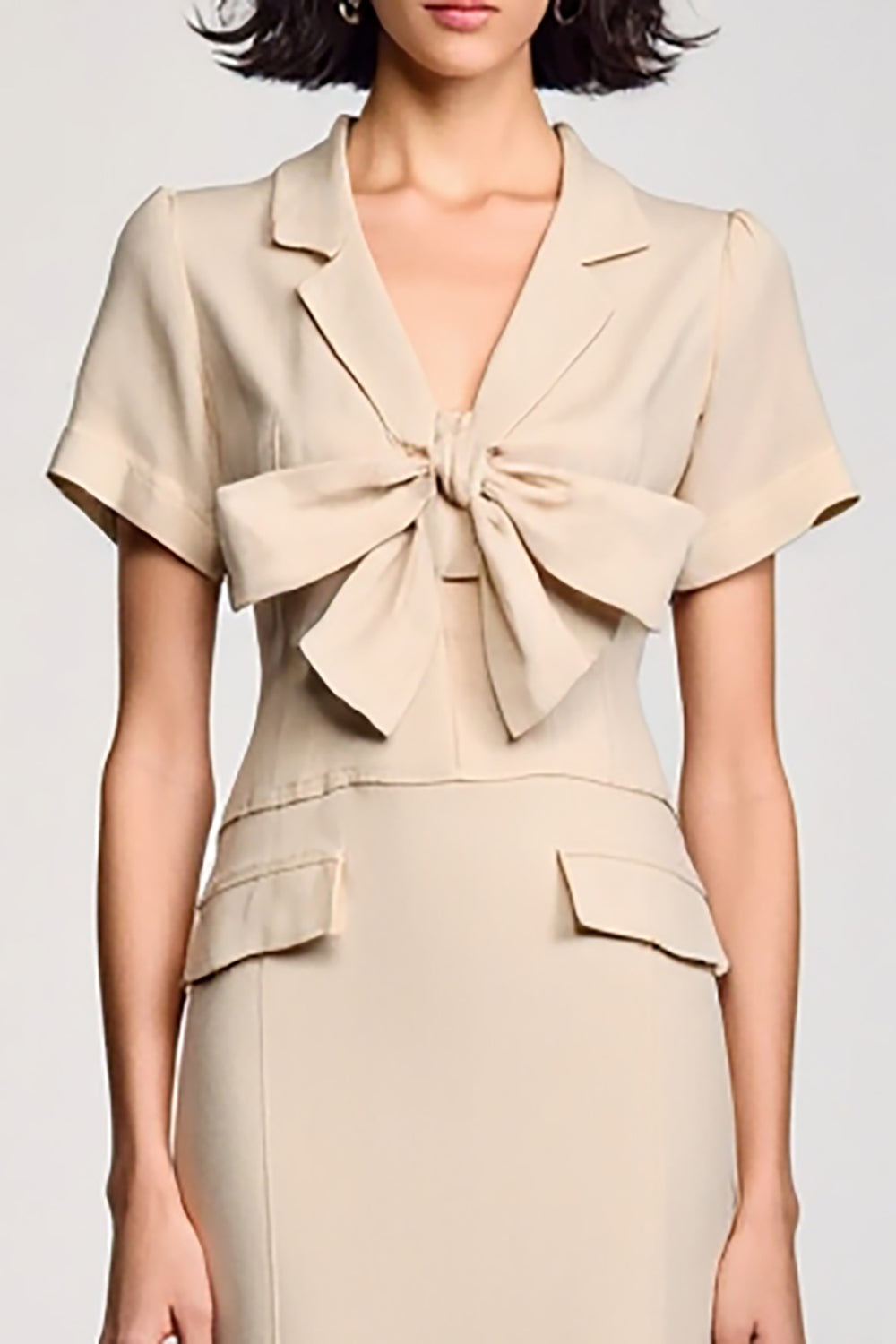 Apricot Notched Lapel Sheath Wedding Guest Dress with Bow