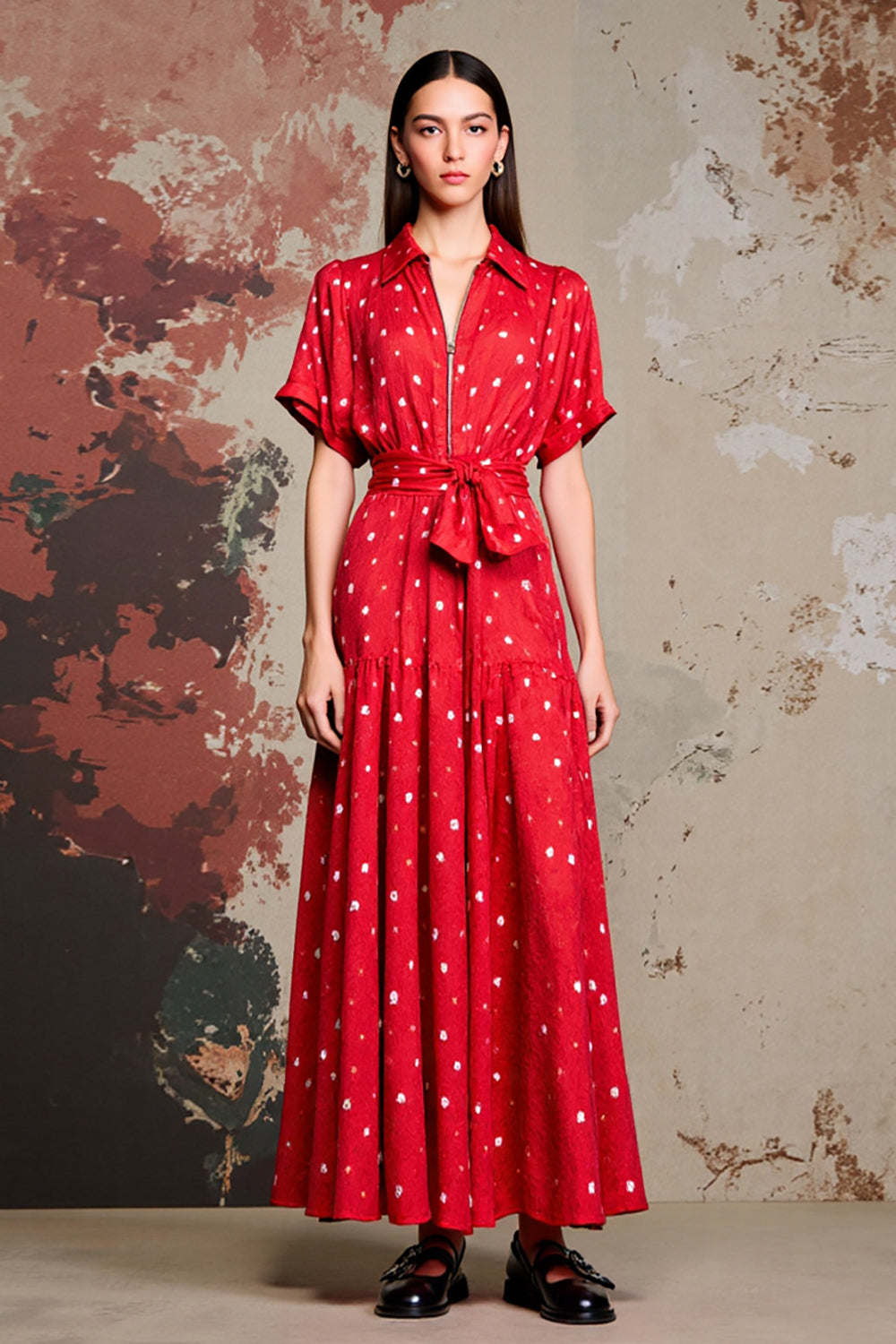 Red A Line Wedding Guest Dress with White Polka Dots