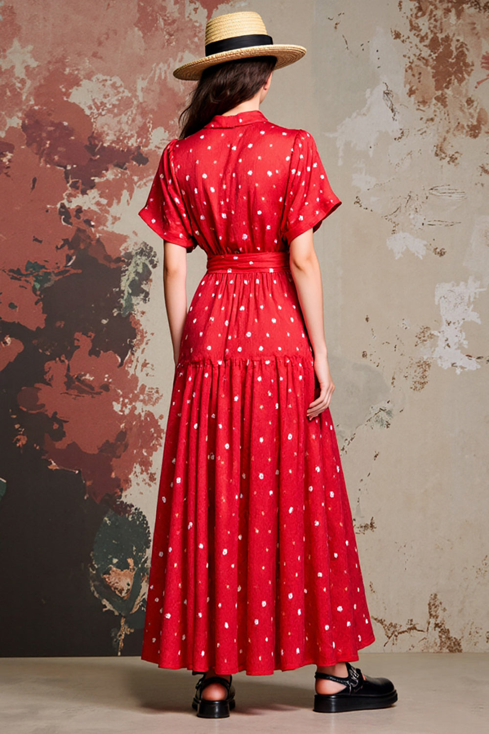Red A Line Wedding Guest Dress with White Polka Dots
