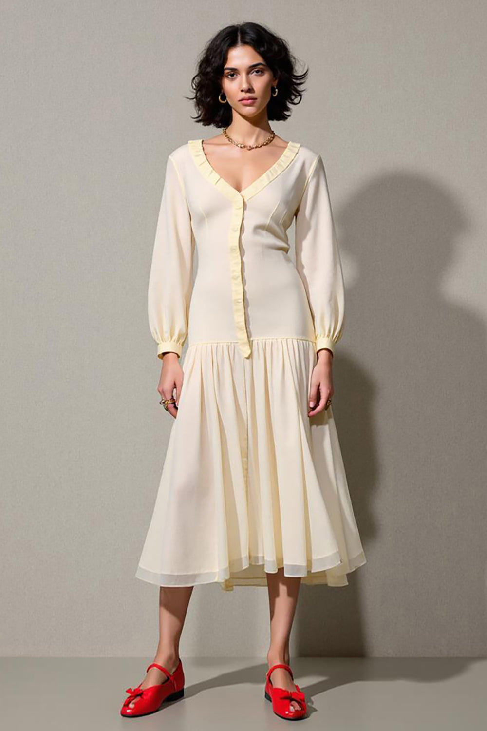 Ivory A Line Long Sleeve Wedding Guest Dress