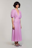 Purple A Line Deep V Neck Wedding Guest Dress with Short Sleeves
