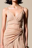 Champagne Spaghetti Straps Ruched Wedding Guest Dress