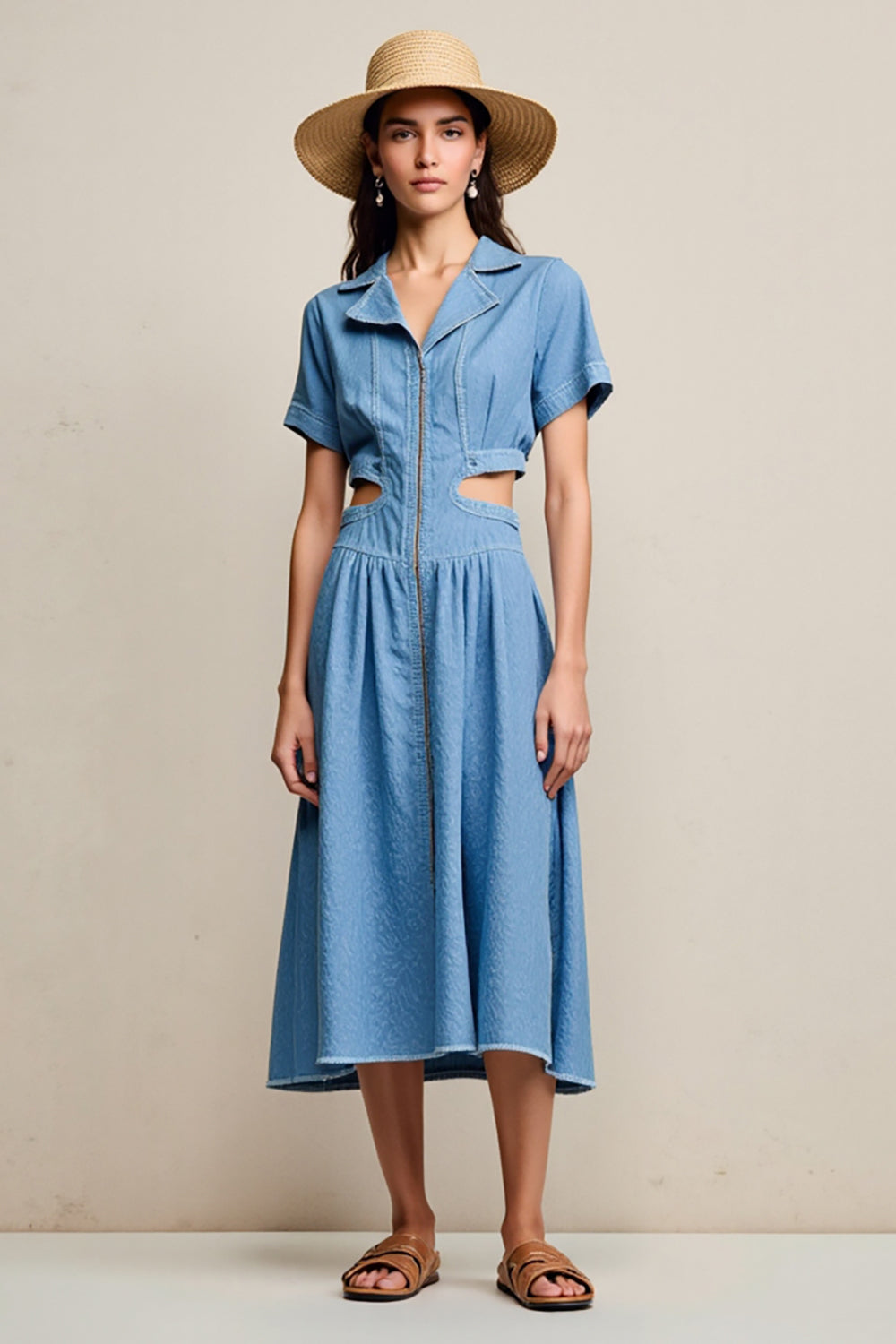 Blue Notched Lapel A Line Cut Out Wedding Guest Dress