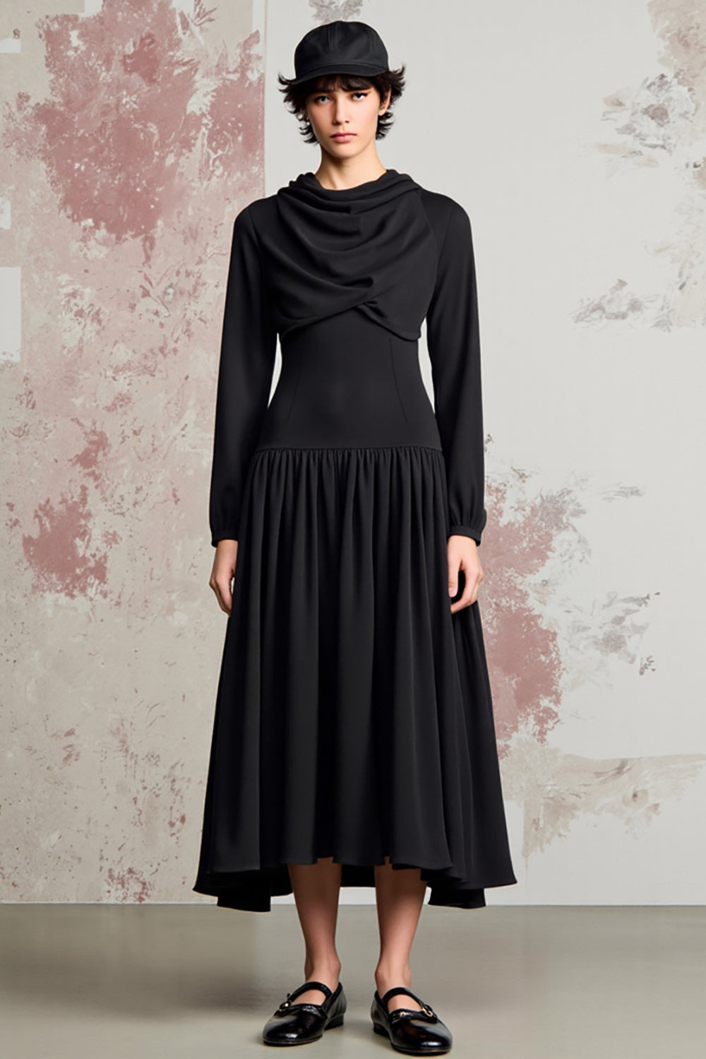 Black A Line Cowl Neck Long Sleeve Wedding Guest Dress