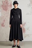 Black A Line Cowl Neck Long Sleeve Wedding Guest Dress