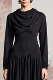 Black A Line Cowl Neck Long Sleeve Wedding Guest Dress
