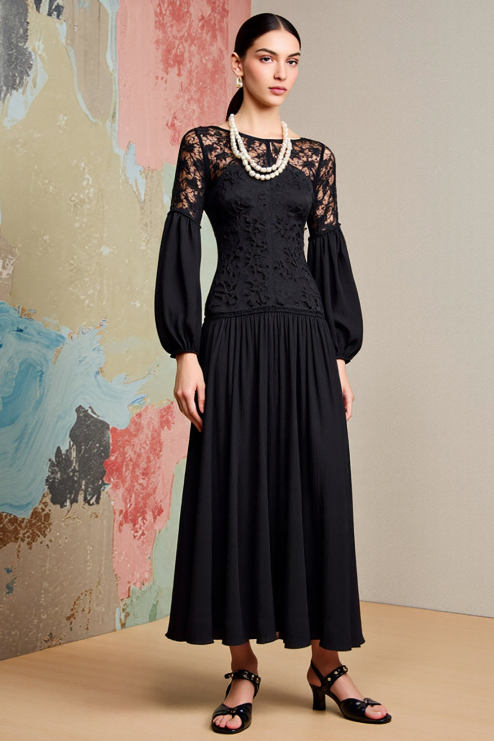 Black A Line Long Sleeve Wedding Guest Dress with Lace