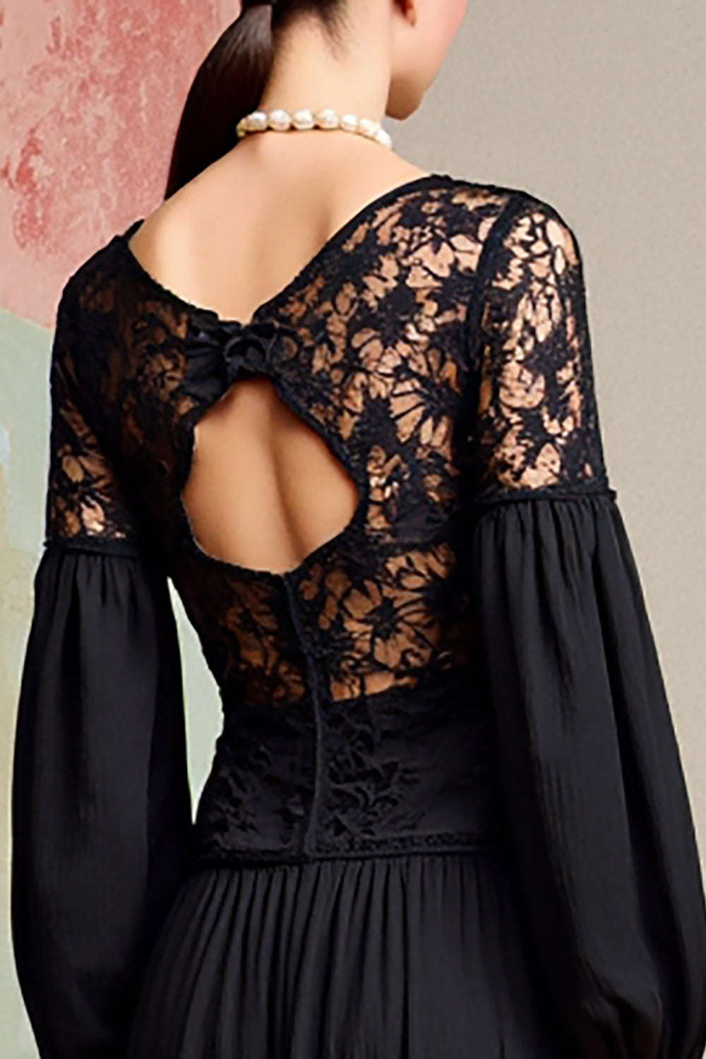 Black A Line Long Sleeve Wedding Guest Dress with Lace