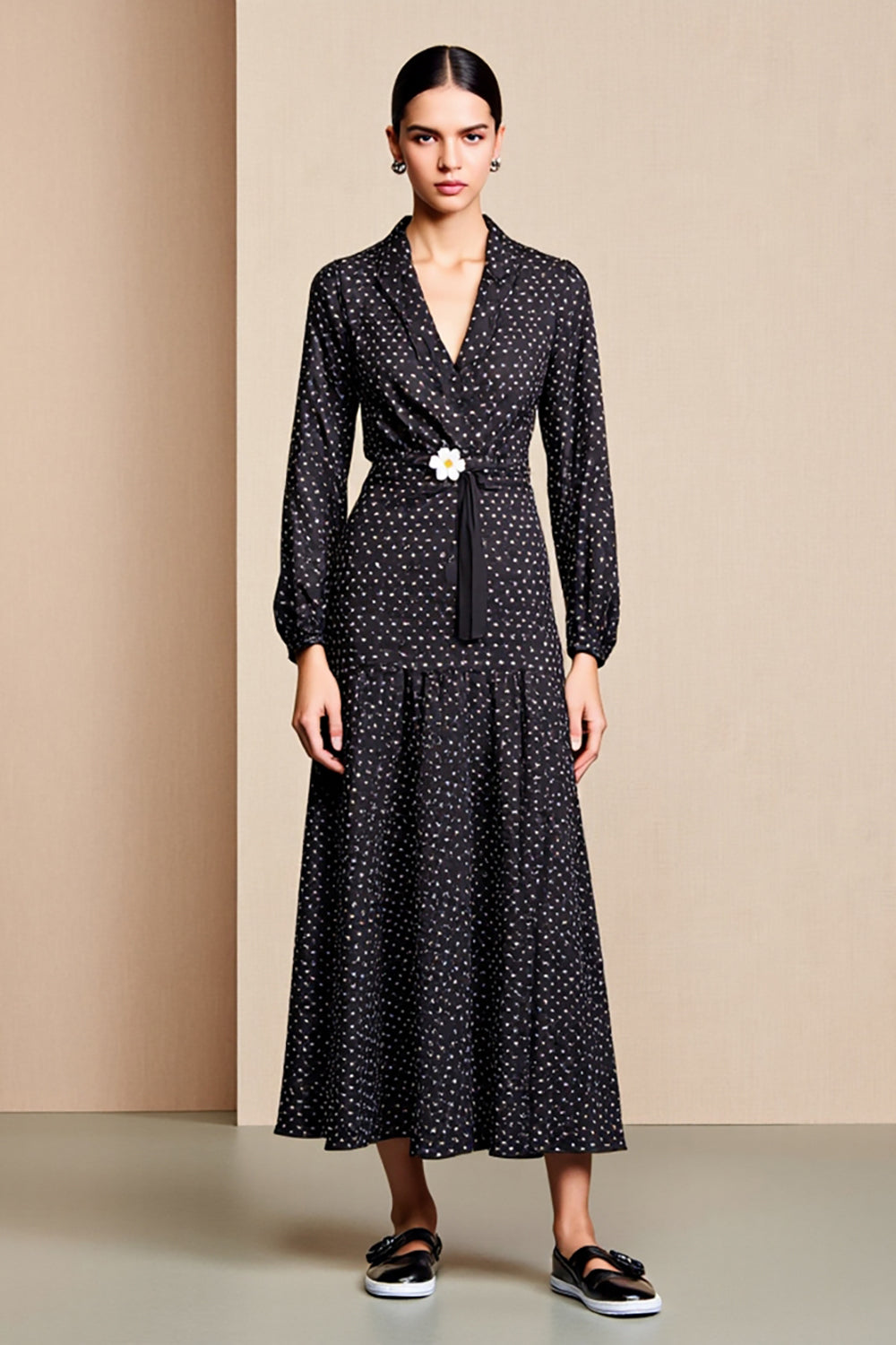 Black A Line Long Sleeve Wedding Guest Dress with White Polka Dots