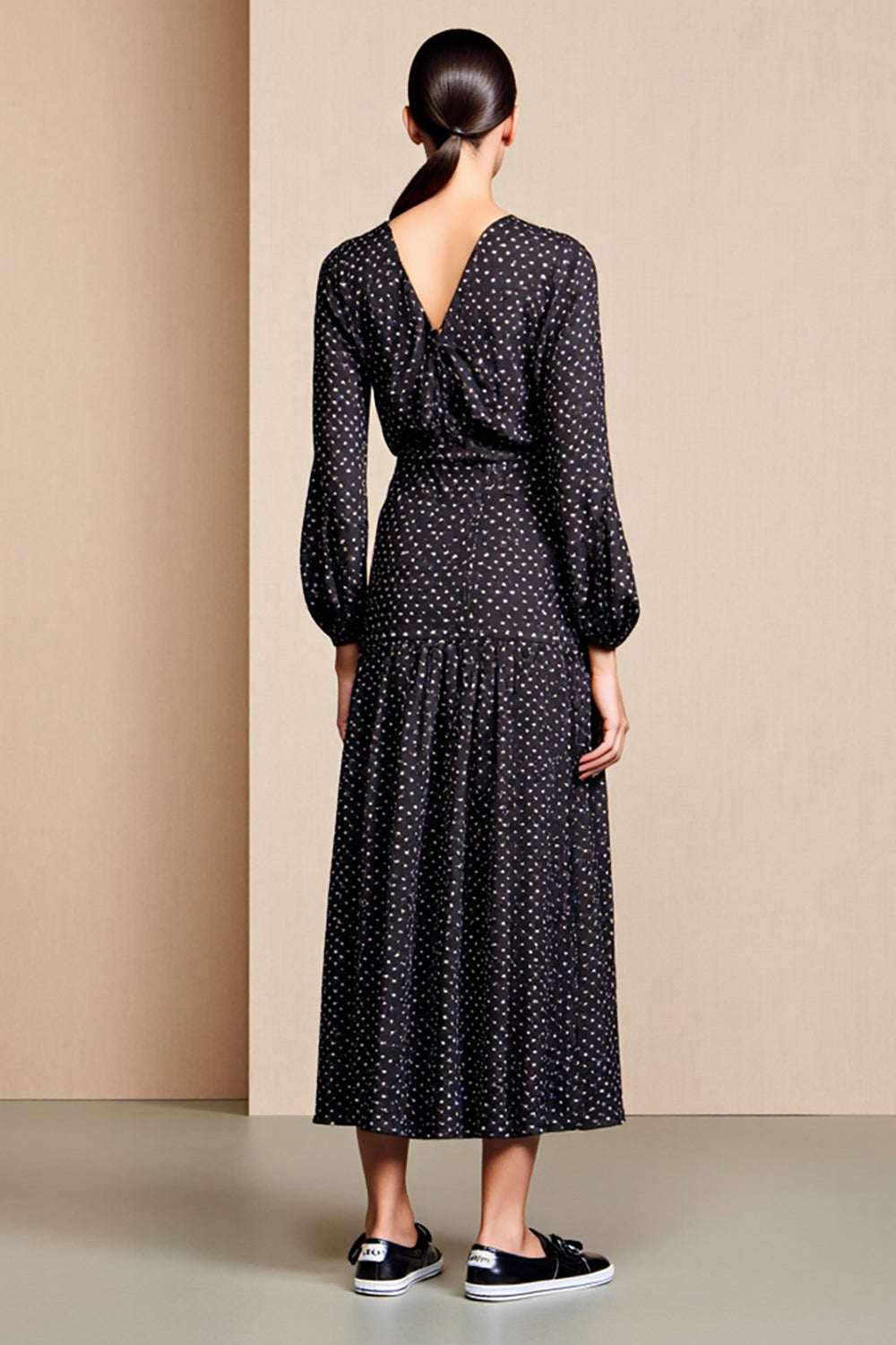 Black A Line Long Sleeve Wedding Guest Dress with White Polka Dots