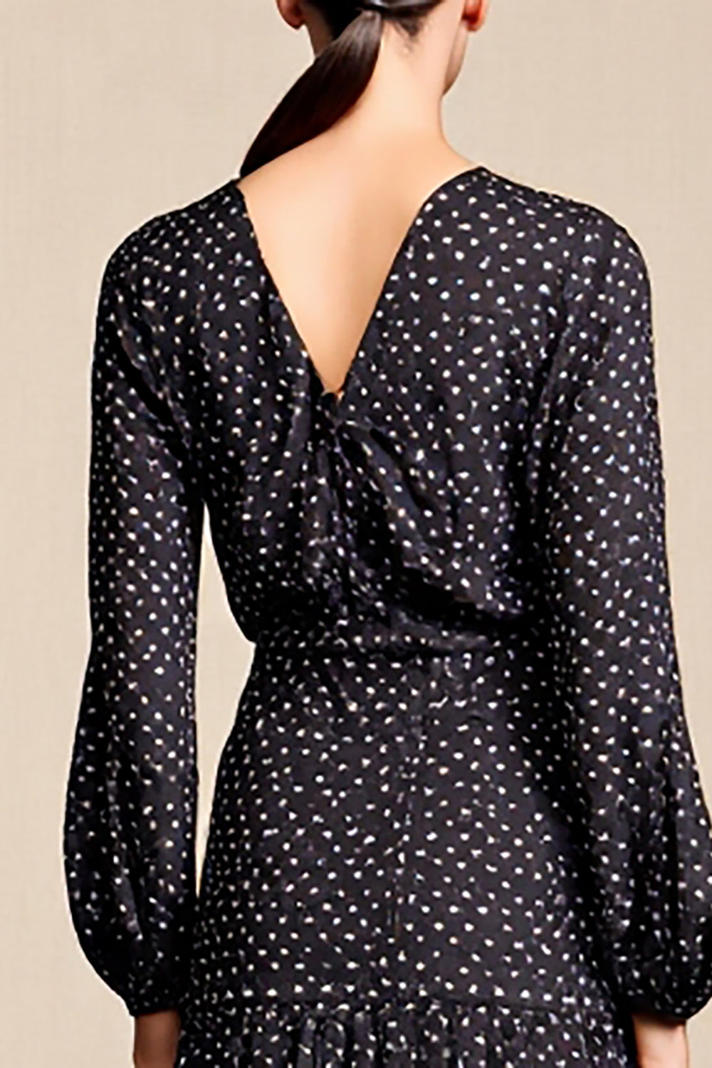 Black A Line Long Sleeve Wedding Guest Dress with White Polka Dots