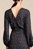 Black A Line Long Sleeve Wedding Guest Dress with White Polka Dots