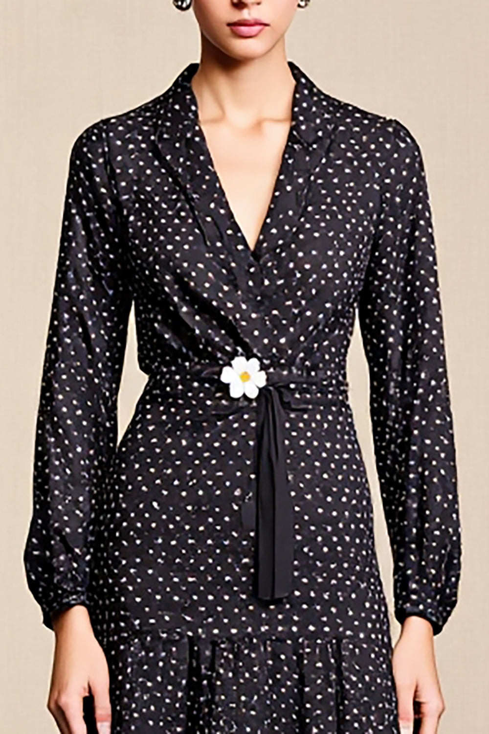 Black A Line Long Sleeve Wedding Guest Dress with White Polka Dots
