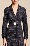 Black A Line Long Sleeve Wedding Guest Dress with White Polka Dots