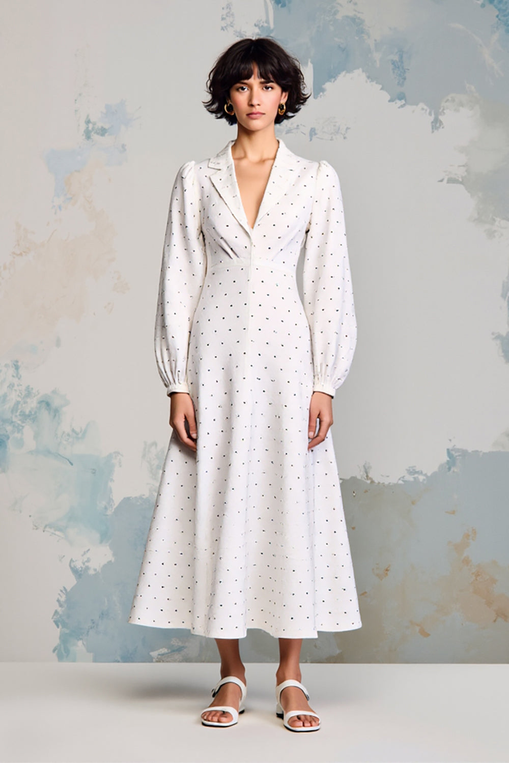 White A Line Notched Lapel Polka Dot Dress