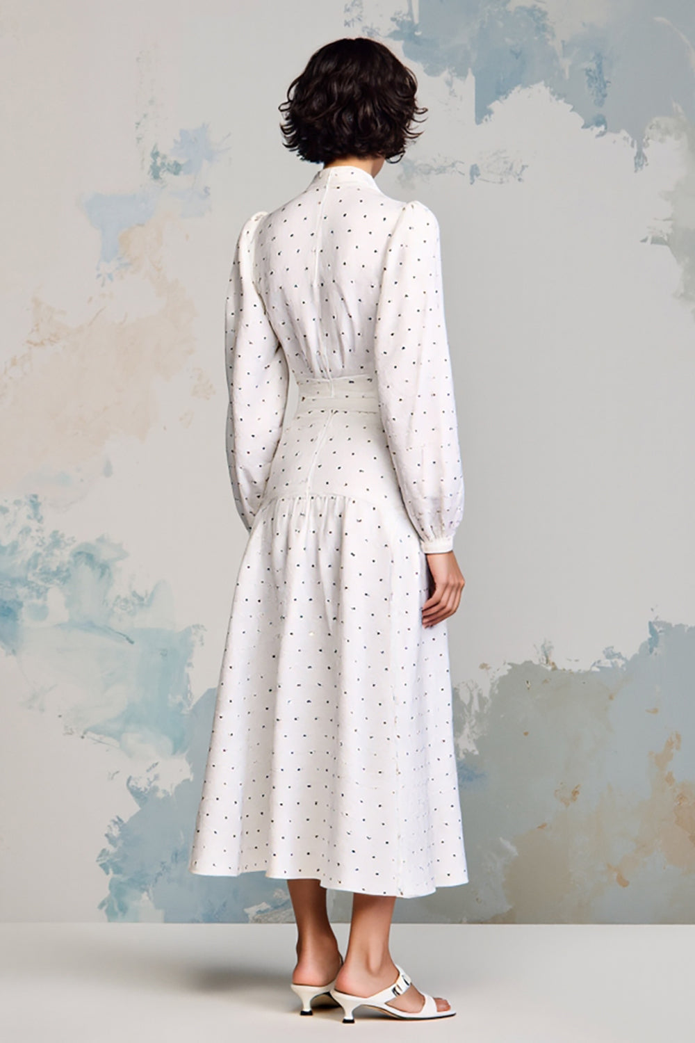 White A Line Notched Lapel Polka Dot Dress