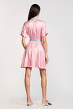 Pink Polo Collar Satin Wedding Guest Dress with Belt