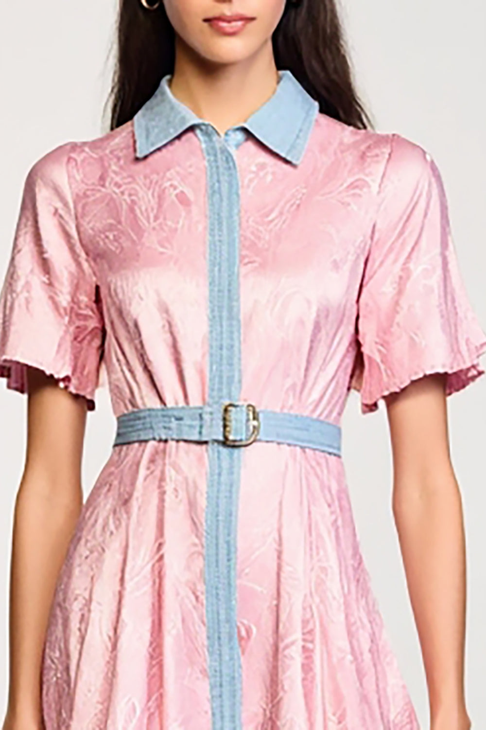Pink Polo Collar Satin Wedding Guest Dress with Belt