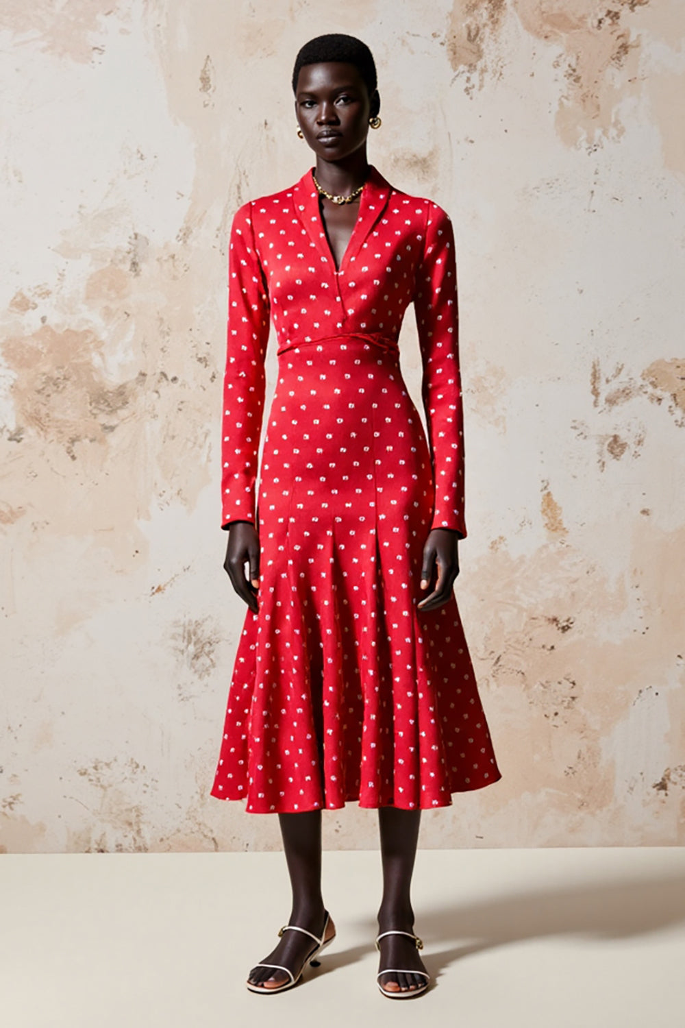 Red A Line Long Sleeve Polka Dot Dress