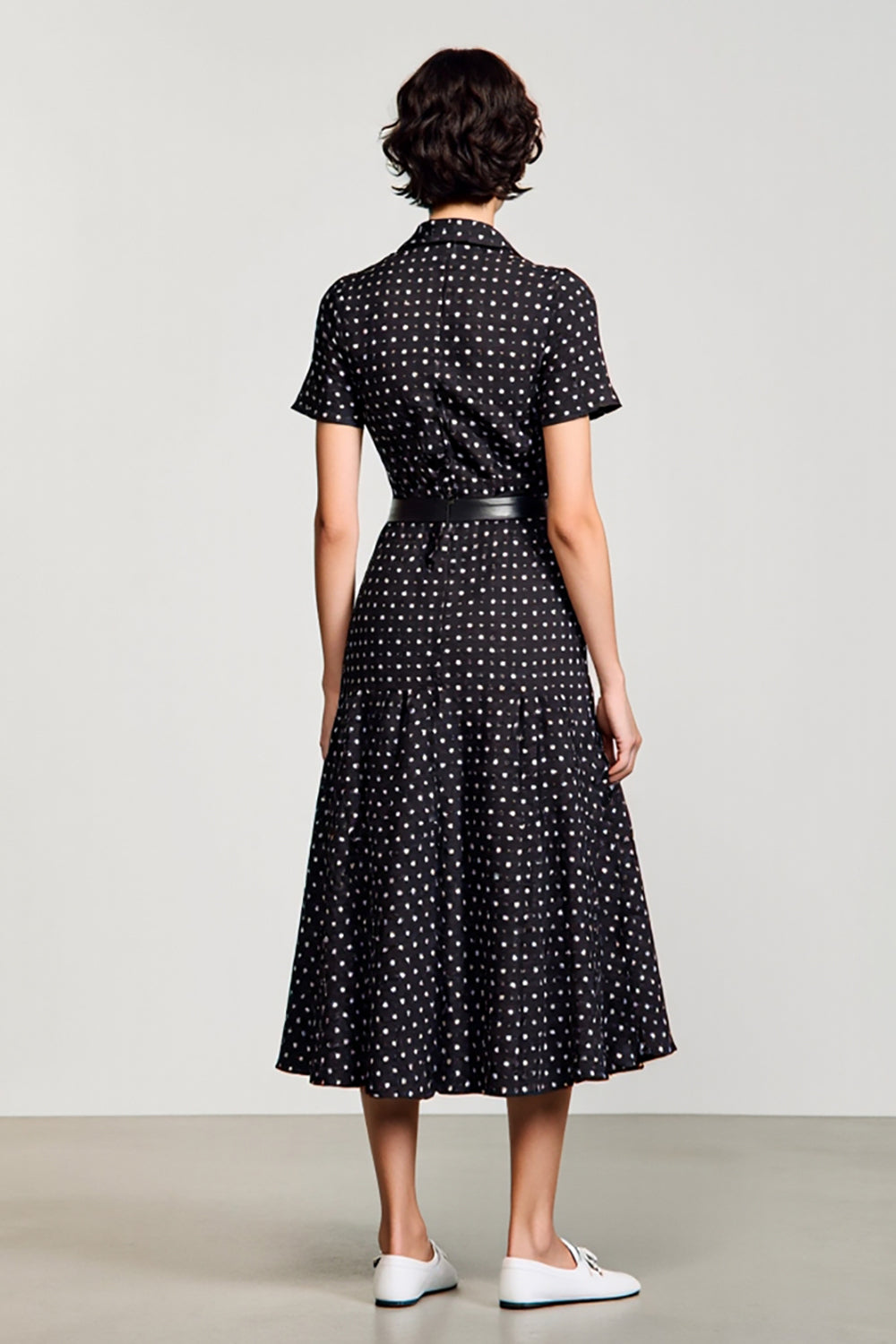 Black Polo Collar A Line Polka Dot Dress