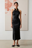Black Halter Wedding Guest Dress with Lace