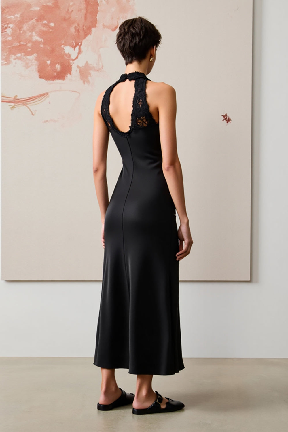 Black Halter Wedding Guest Dress with Lace