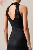 Black Halter Wedding Guest Dress with Lace