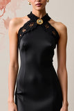 Black Halter Wedding Guest Dress with Lace