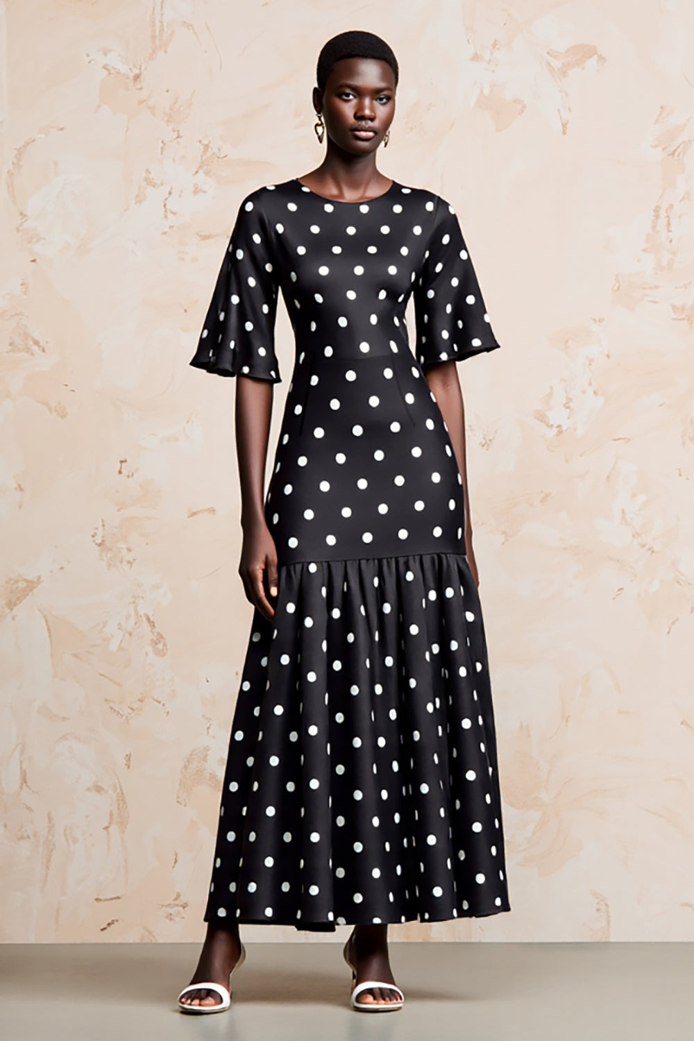 Black A Line Short Sleeve Polka Dot Dress