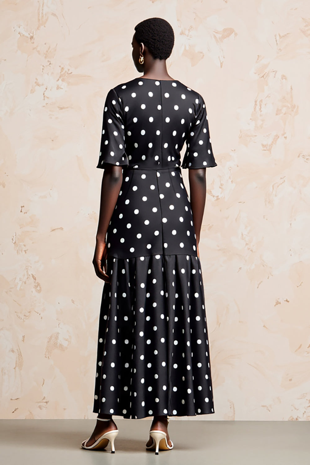 Black A Line Short Sleeve Polka Dot Dress
