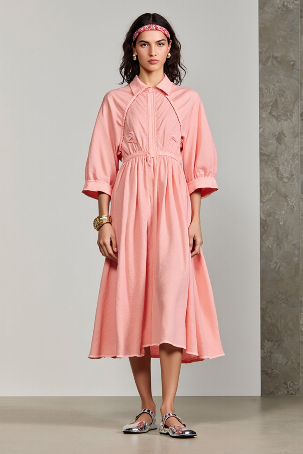 Pink Polo Collar A Line 3/4 Sleeve Wedding Guest Dress