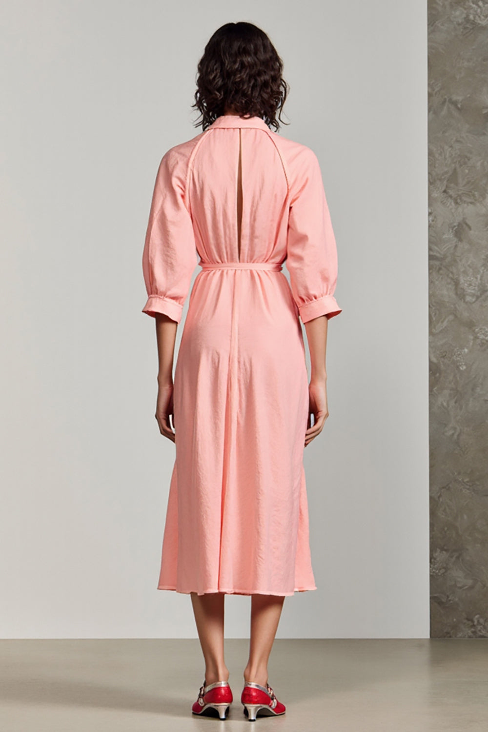 Pink Polo Collar A Line 3/4 Sleeve Wedding Guest Dress