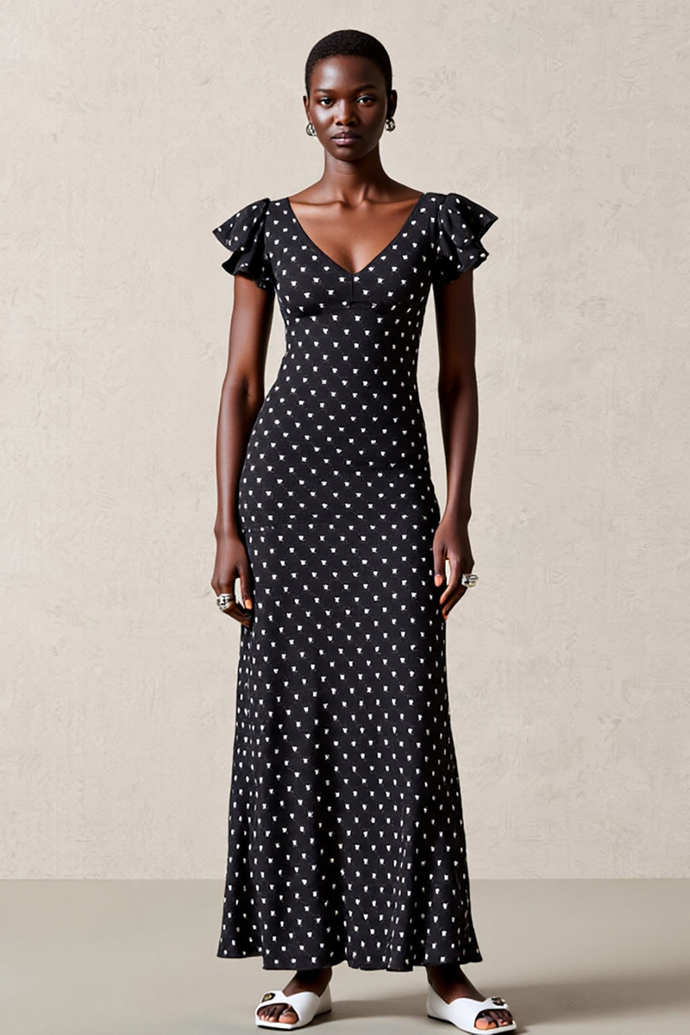 Black V-Neck A Line Polka Dot Dress