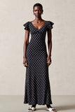 Black V-Neck A Line Polka Dot Dress