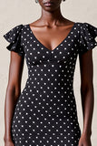Black V-Neck A Line Polka Dot Dress