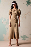 Olive Lapel Puff Sleeve Wedding Guest Dress with Buttons