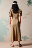 Olive Lapel Puff Sleeve Wedding Guest Dress with Buttons